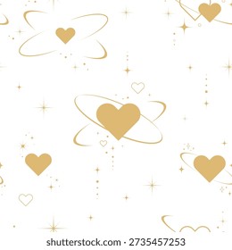 Minimalist celestial Love pattern with golden hearts and retro style orbits, template for wrapping paper, fabric printing, Valentines Day cards, wedding invitations, digital paper. Vector illustration