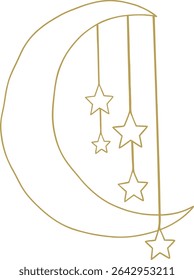 Minimalist celestial mobile illustration featuring moon, stars, and planet shapes in elegant line art style. Perfect for nursery dreamy themes, or spiritual design projects.