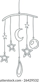 Minimalist celestial mobile illustration featuring moon, stars, and planet shapes in elegant line art style. Perfect for nursery dreamy themes, or spiritual design projects.