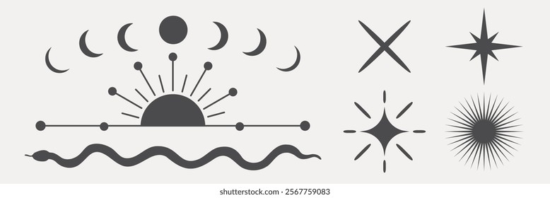 Minimalist celestial symbols: sun, moon phases, stars, and waves. Sun and moon in harmony. Stars and waves complement celestial design. Cosmic elements unite. Spirituality vector set.