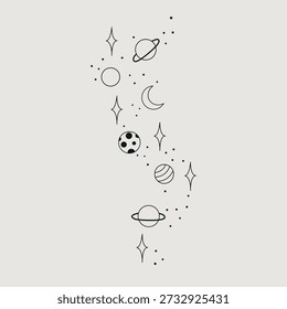 Minimalist celestial vector illustration featuring planets, crescent moon, and sparkling stars in thin line art style. Perfect for tattoo design or cosmic aesthetic.