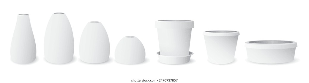 Minimalistische Keramik-Porzellan-Vase und Topfweiß Farbe isoliert verschiedene Formen grafische Illustration.