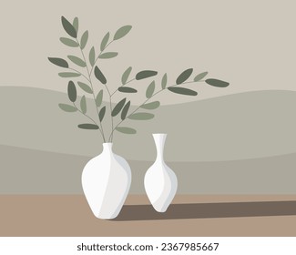 Minimalistische Keramikvase mit Olivenzweig. Pastellfarben, Flachbild, Vektorgrafik