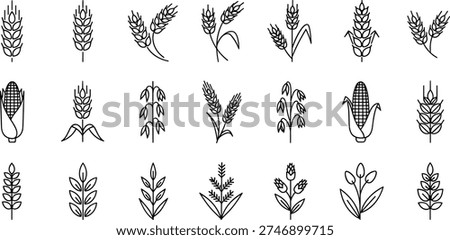 Minimalist Cereal Grains and Crops Line Art Icon Set