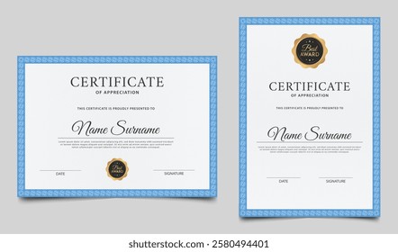 Minimalist certificate border template with badge and lines pattern. Diploma award layout vector design