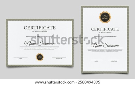 Minimalist certificate border template with badge and lines pattern. Diploma award layout vector design