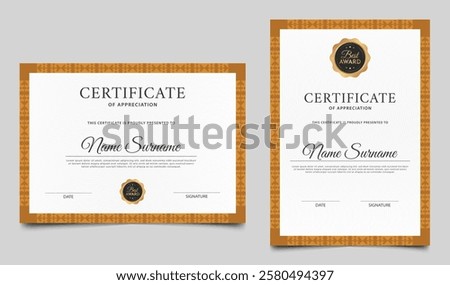 Minimalist certificate border template with badge and lines pattern. Diploma award layout vector design