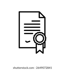 Documento de certificado minimalista com selo e fita, destacado em preto sobre um fundo branco, transmitindo realização e validação, ideal para negócios e educação relacionados visuais.