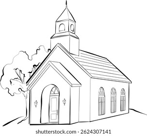Minimalist Chapel Vector hand drawn illustration with arc door and windows for wedding elements
