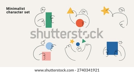 Minimalist character set with doodle line art abstract people and geometric shapes. One line drawing vector illustration collection for modern design and creative projects colorful.