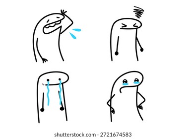 Personajes minimalistas en poses llorosas y enojadas. Vectores separados.