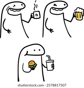 Minimalist characters enjoying coffee, beer, and a burger with soda. Fun and simple design capturing casual and joyful moments.