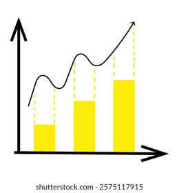 Minimalist chart design, yellow bar graph, black curved line graph, upward trend, simple axes, white background, abstract data visualization, clean geometric shapes, business growth concept, stylized 