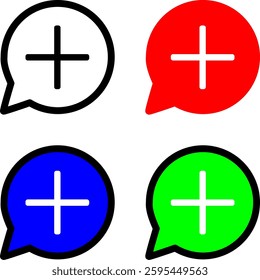 Minimalist chat add icon in four colors (black, red, green, blue), symbolizing new message addition. Ideal for messaging apps, UI design, and interactive chat features. Available in multiple formats