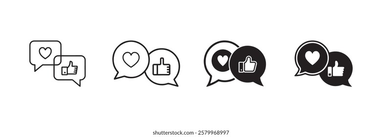 Minimalist chat bubble icons featuring heart and thumbs-up symbols perfect for social media likes comments and online engagement branding.
