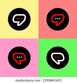 Minimalist chat bubble icons in red, white, and black on colorful backgrounds. A modern communication and messaging concept in a bold geometric style.