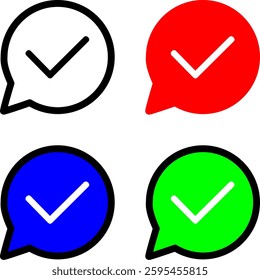 Minimalist chat check icon in four colors (black, red, green, blue), symbolizing confirmed or verified messages. Ideal for messaging apps, UI design, and chat validation. Available in multiple formats