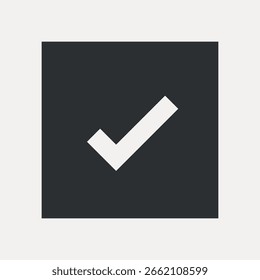 Icono minimalista de marca de verificación en un cuadrado oscuro. Diseño de marca de verificación simple, perfecto para listas de verificación o Aprobaciones. Símbolo de marca de verificación limpio y moderno. VECTOR de iconos de interfaz de usuario.
