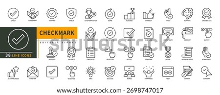 Minimalist Checkmark line icons set with editable stroke, featuring Check, agreement, verived, shield, give permission, support, done, success, correct, trust, checked, acce. thin linear illustration.