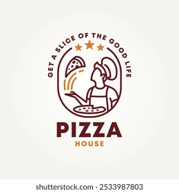 minimalista o chef está fazendo pizza linha arte crachá ícone logotipo logotipo vetor ilustração design. restaurante moderno simples, pizzaria, fast food emblema logo conceito