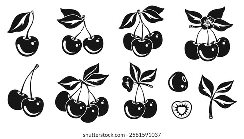 Minimalist Cherry Silhouettes. Black and White Fruit Icons with leaves, flowers, branches