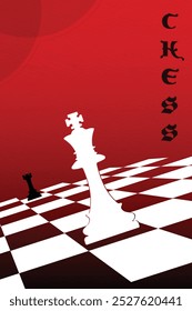 Minimalist chess poster featuring a white King and black Rook on a checkered board, on bold red background