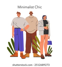 Minimalist Chic concept. Three individuals showcasing contemporary minimalism in fashion. Simplistic style, neutral colors, modern aesthetic. Vector illustration.