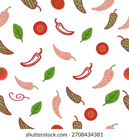 Minimalist Chili Pepper Seamless Pattern Vector Illustration. Red Chili Line Art with Curved Stripe Texture. hot chili pepper. Red chili pepper hand drawn illustration. 