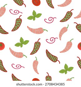 Minimalist Chili Pepper Seamless Pattern Vector Illustration. Red Chili Line Art with Curved Stripe Texture. hot chili pepper. Red chili pepper hand drawn illustration. 