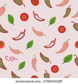 Minimalist Chili Pepper Seamless Pattern Vector Illustration. Red Chili Line Art with Curved Stripe Texture. hot chili pepper. Red chili pepper hand drawn illustration. 