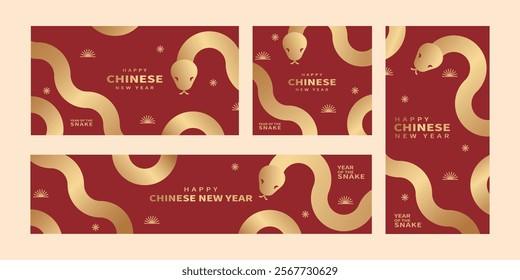 Minimalist Chinese New Year card design for the Year of the Snake, featuring a geometric golden snake and elements. Various vector banner sizes available.