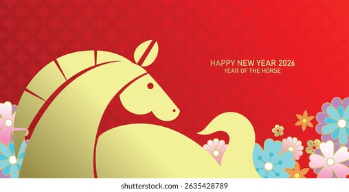 Minimalist chinese new year of the horse 2026 card. Zodiac horse portrait on floral pattern background.