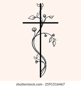 Minimalist Christian cross entwined with a delicate floral vine featuring leaves and blooming flowers. Symbolizing faith, renewal, for religious designs, invitations,tattoos,prints.Vector illustration