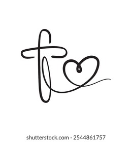 Minimalist Christian cross with heart design, symbolizing faith and love, perfect for religious prints and merchandise,Modern Christian cross with heart shape