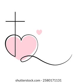 Minimalist Christian Cross and Heart Symbol of Faith and Love. Line art Christian cross integrated with a pink heart. Religious design,church logos,inspirational prints.Vector illustration