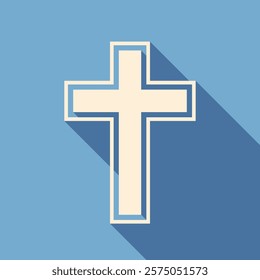 Minimalist christian cross vector icon with long shadow. Beige religious symbol on blue background.