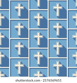 Minimalist christian crosses vector seamless pattern. Beige religious symbols with long shadows on blue background.