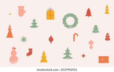 Minimalist Christmas abstract shapes collection. Set of pastel colored geometric hand drawn elements, minimal Christmas decorations, trees, gift boxes and ornaments elements. Hand drawn modern vector