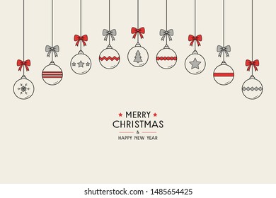 Minimalist Christmas background with hanging baubles and wishes. Xmas greeting card. Vector