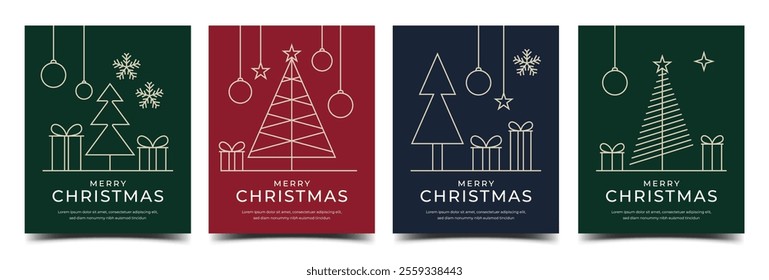 Minimalist Christmas banner design, featuring line art illustrations of Christmas trees, gift boxes, and ornaments. Usable for social media post, greeting card, invitation, cover, banner, and story