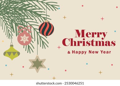 Minimalist Christmas banner.  Modern vector illustration with ornaments, striped baubles, and festive typography. Design for holiday greetings, invitations, and seasonal promotions.