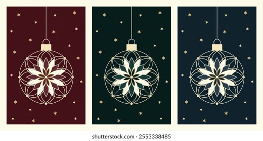 Minimalist Christmas card design with a gold Christmas bauble with geometric decoration and small stars in a modern and elegant style.