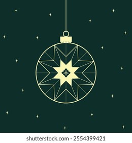 Minimalist Christmas card design with a gold Christmas bauble with geometric decoration and small stars in a modern and elegant style.