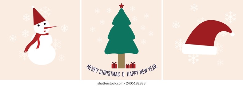 Minimalist Christmas card design with snowman, Christmas tree and santa hat. Vector illustration