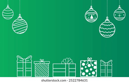 Tarjeta de Navidad minimalista con adornos colgantes y cajas de regalo envueltas en contornos blancos, sobre un fondo verde.