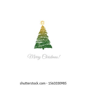 Minimalist christmas card with green christmas tree on white background
