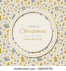Minimalist Christmas card with greetings and decorations. Vector