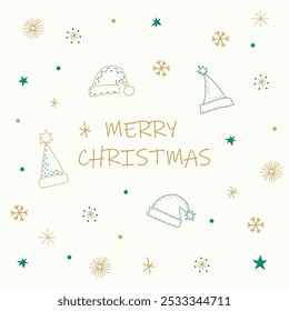 Minimalist Christmas card with Merry Christmas written in gold font, with santa hats surrounded by stars and snowflakes. Ideal for sending warm holiday wishes