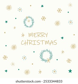 Minimalist Christmas card with Merry Christmas written in gold font, with Christmas wreaths surrounded by stars and snowflakes. Ideal for sending warm holiday wishes