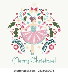 Minimalist Christmas Card. Scandinavian style, Nutcracker ballet, ballerina with Christmas decoration